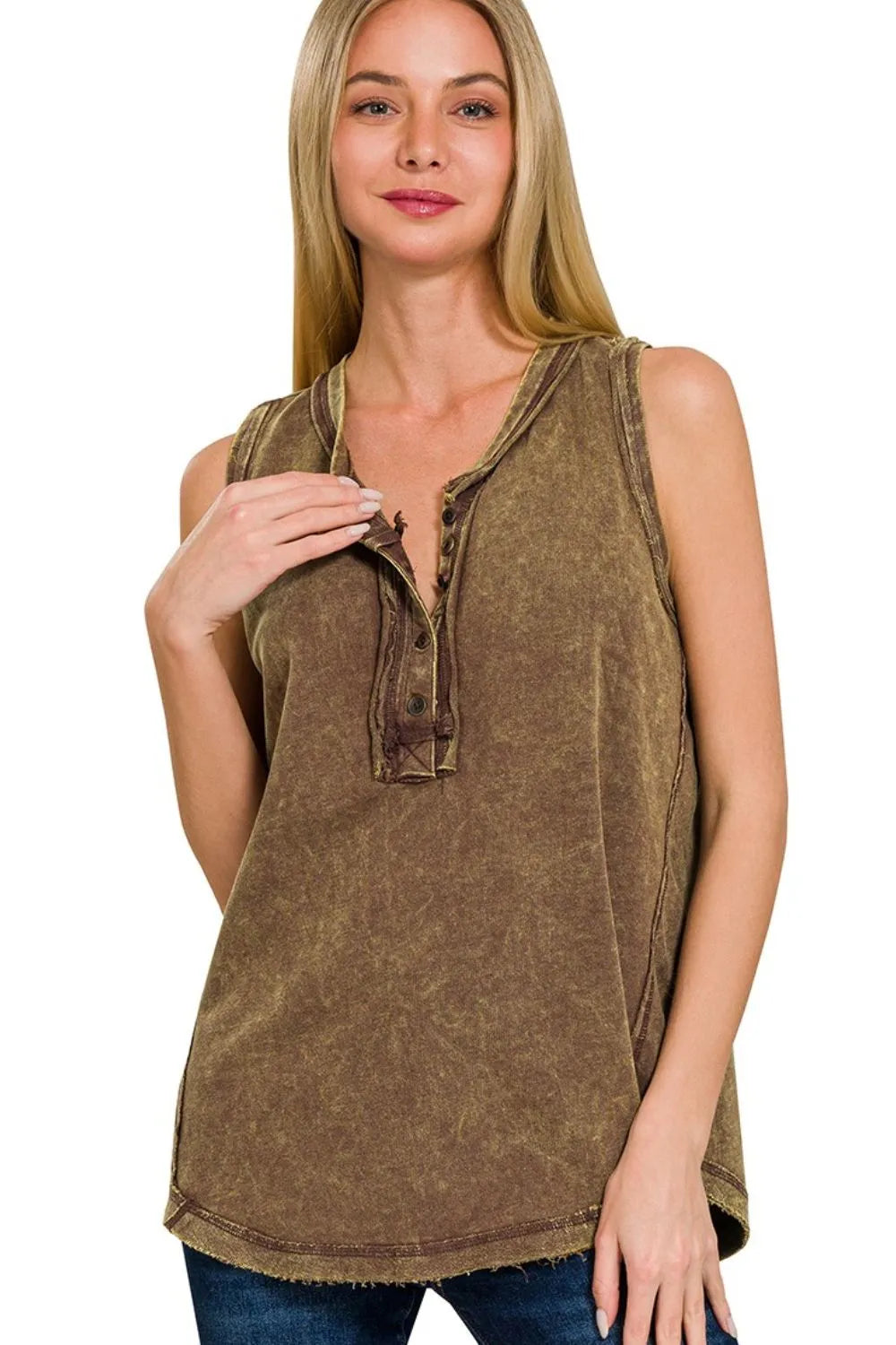 Zenana Washed Half-Button Raw Edge Sleeveless Henley Top - Love Salve 