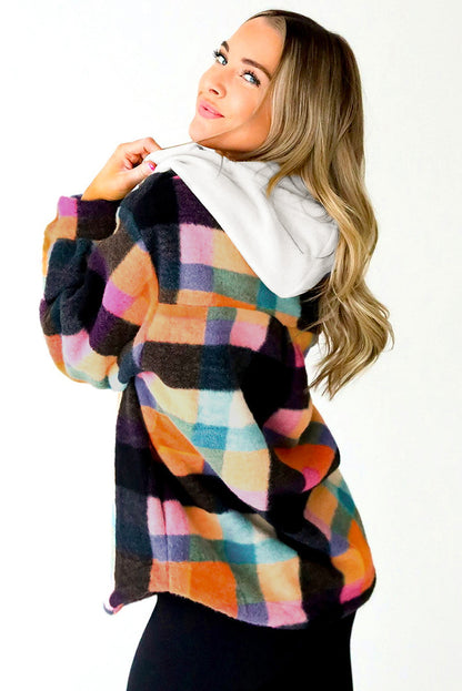 Colorful plaid buttoned hoodie with flap pockets