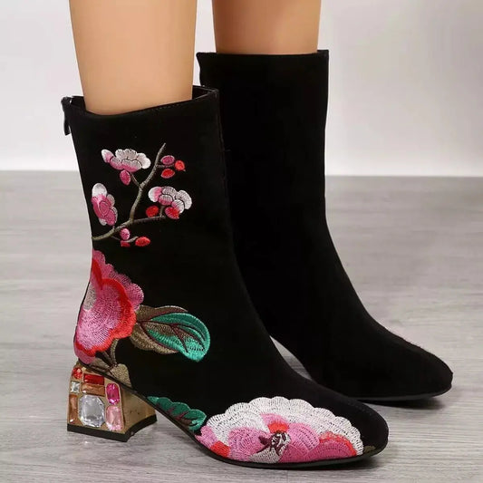 Floral Embroidered Rhinestone Block Heel Boots Simply Love