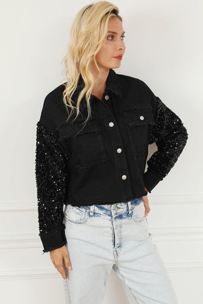 Sequin Button Up Raw Hem Denim Jacket.