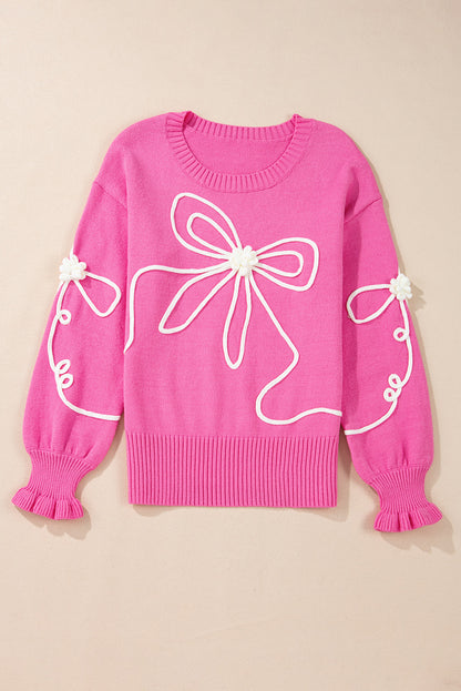 Charming Bright Pink Ribbed Trim Sweater with Flower Bow Detail