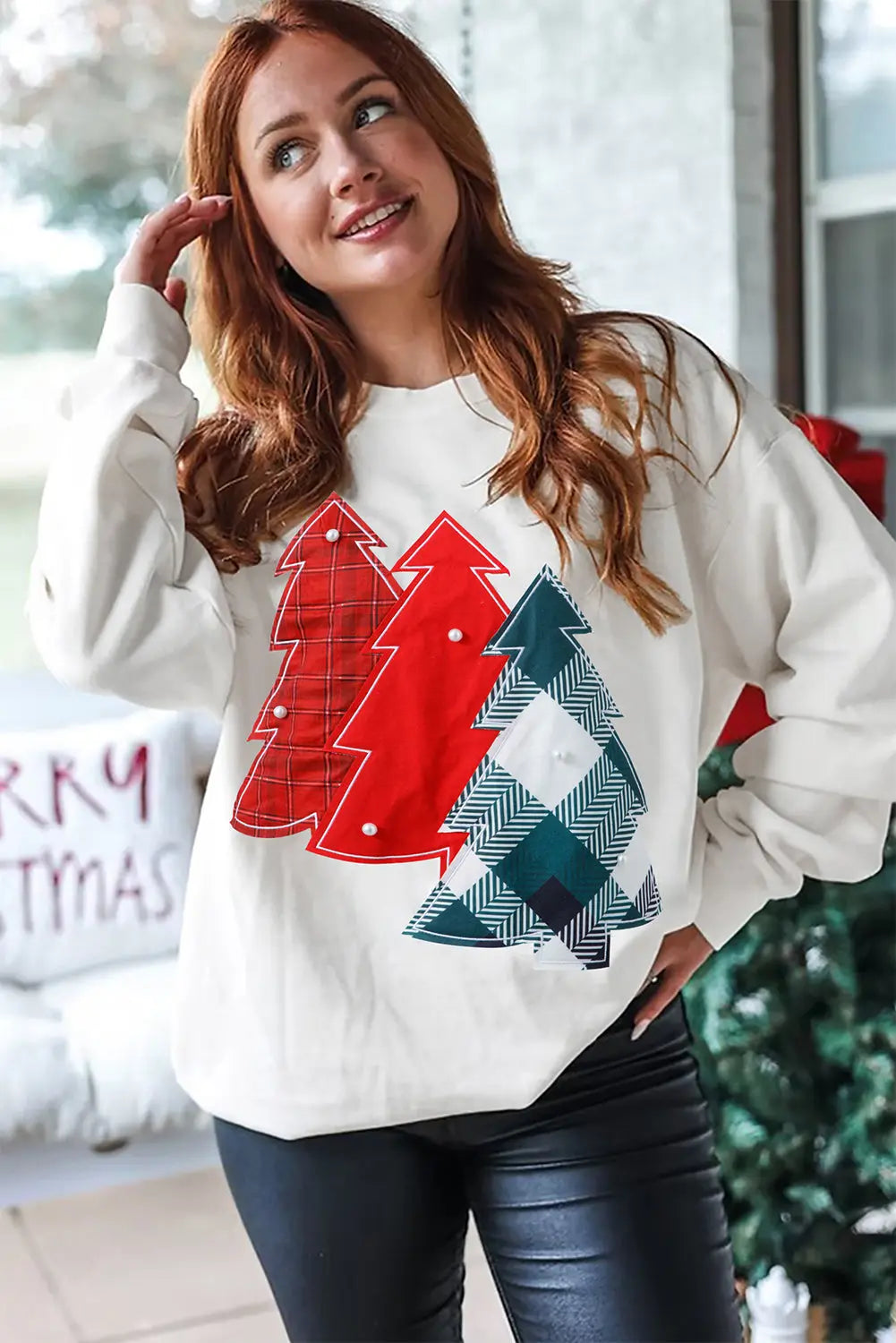 White Pearl Plaid Christmas Tree Patched Drop Shoulder Sweatshirt Dear-Lover Dropshipping