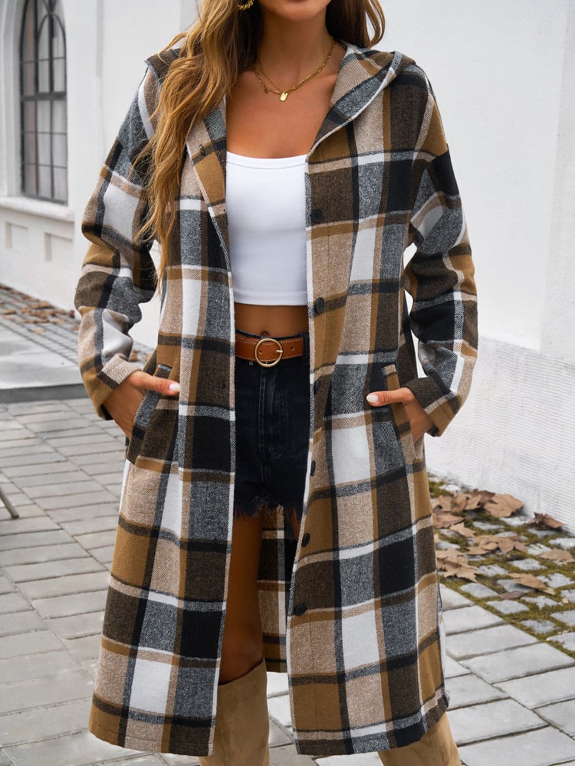 Chic plaid hooded coat with pockets