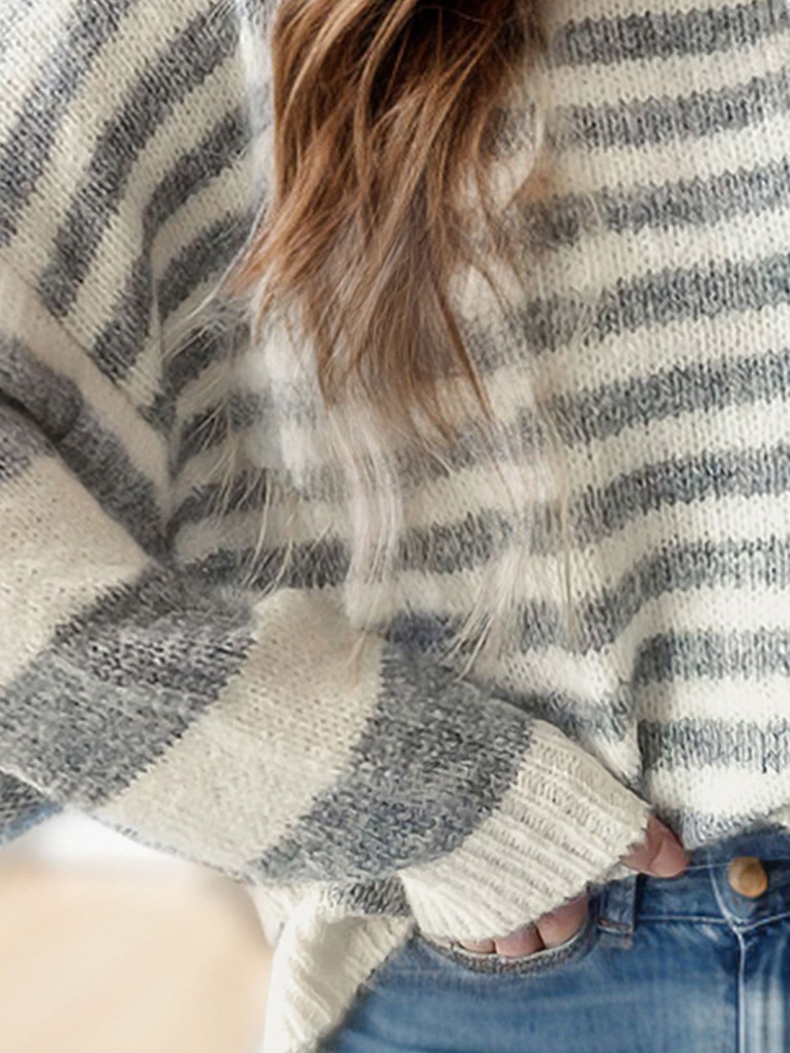 Striped Round Neck Dropped Shoulder Sweater.