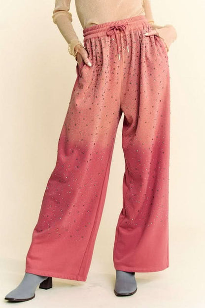 Glamorous Rhinestone-Embellished Wide Leg Pants with Adjustable Drawstring