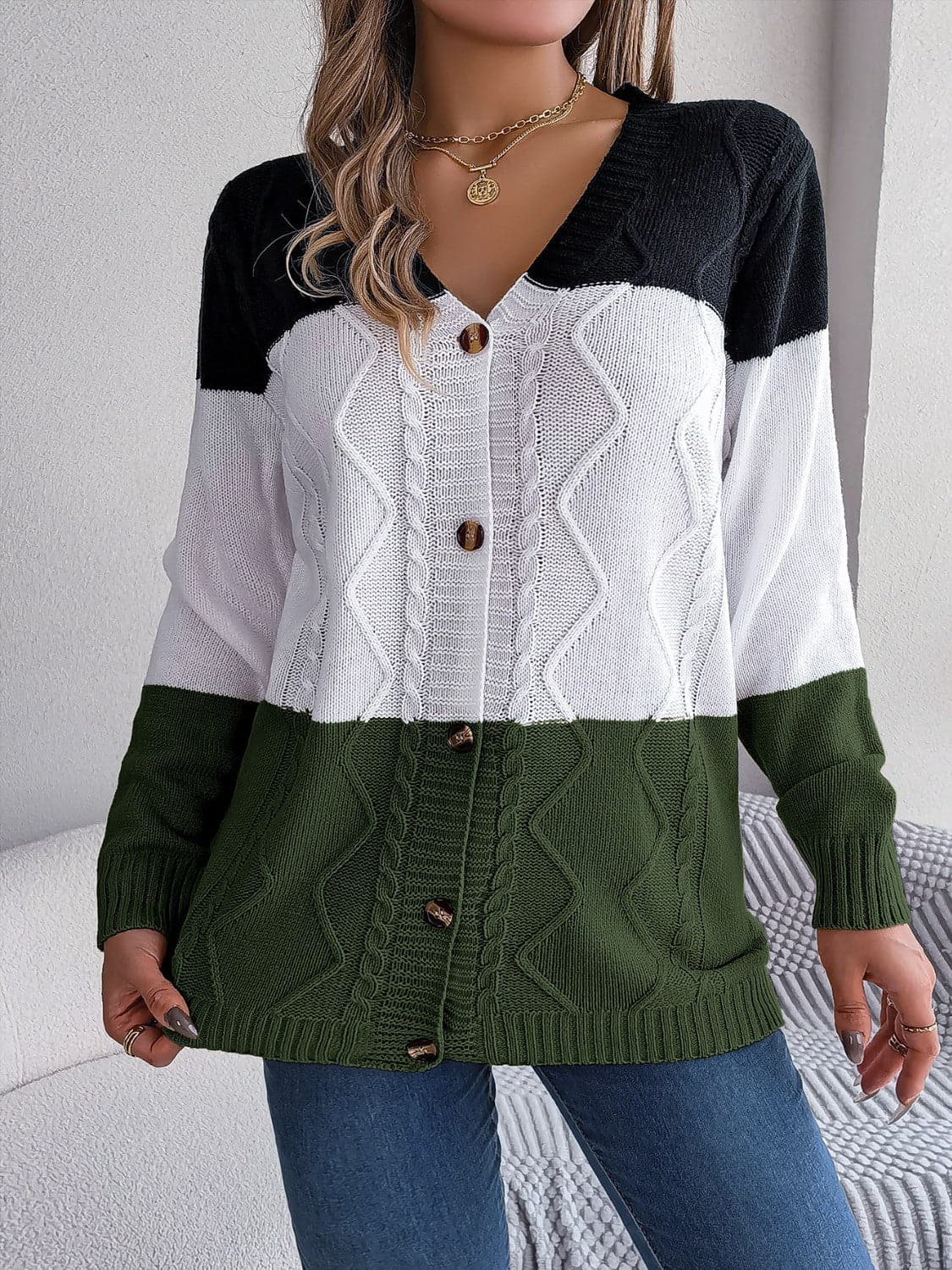 Cable-Knit Striped Button Up Cardigan.