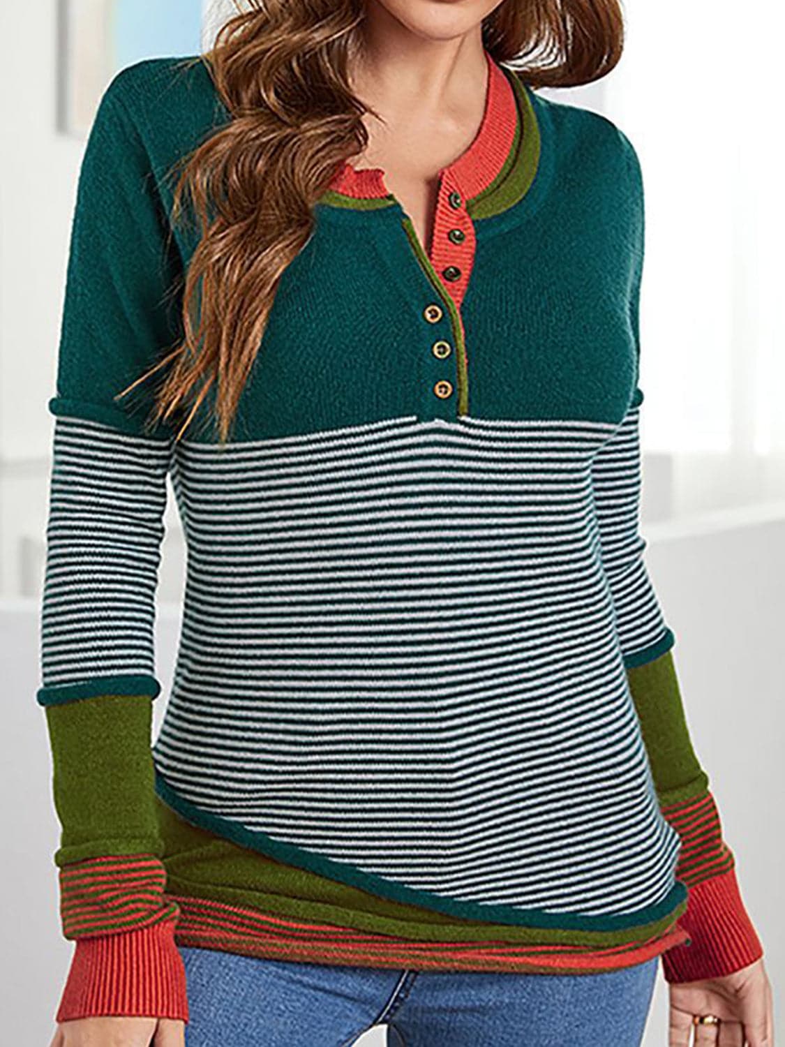 Striped Contrast Notched Long Sleeve Sweater.