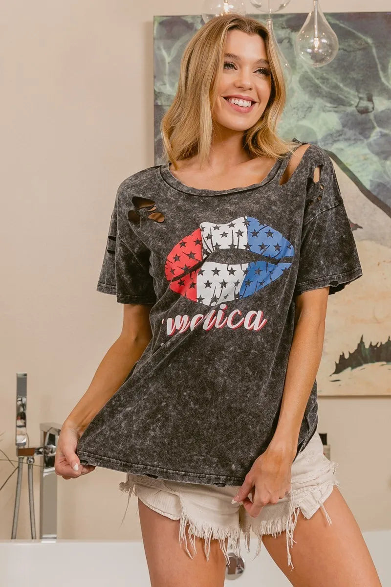 BiBi Laser Cut Mineral Washed Old Glory Lip Print Top - Love Salve 