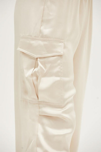 Satin Drawstring Cargo Pants with Elasticated Waist and Flap Pockets