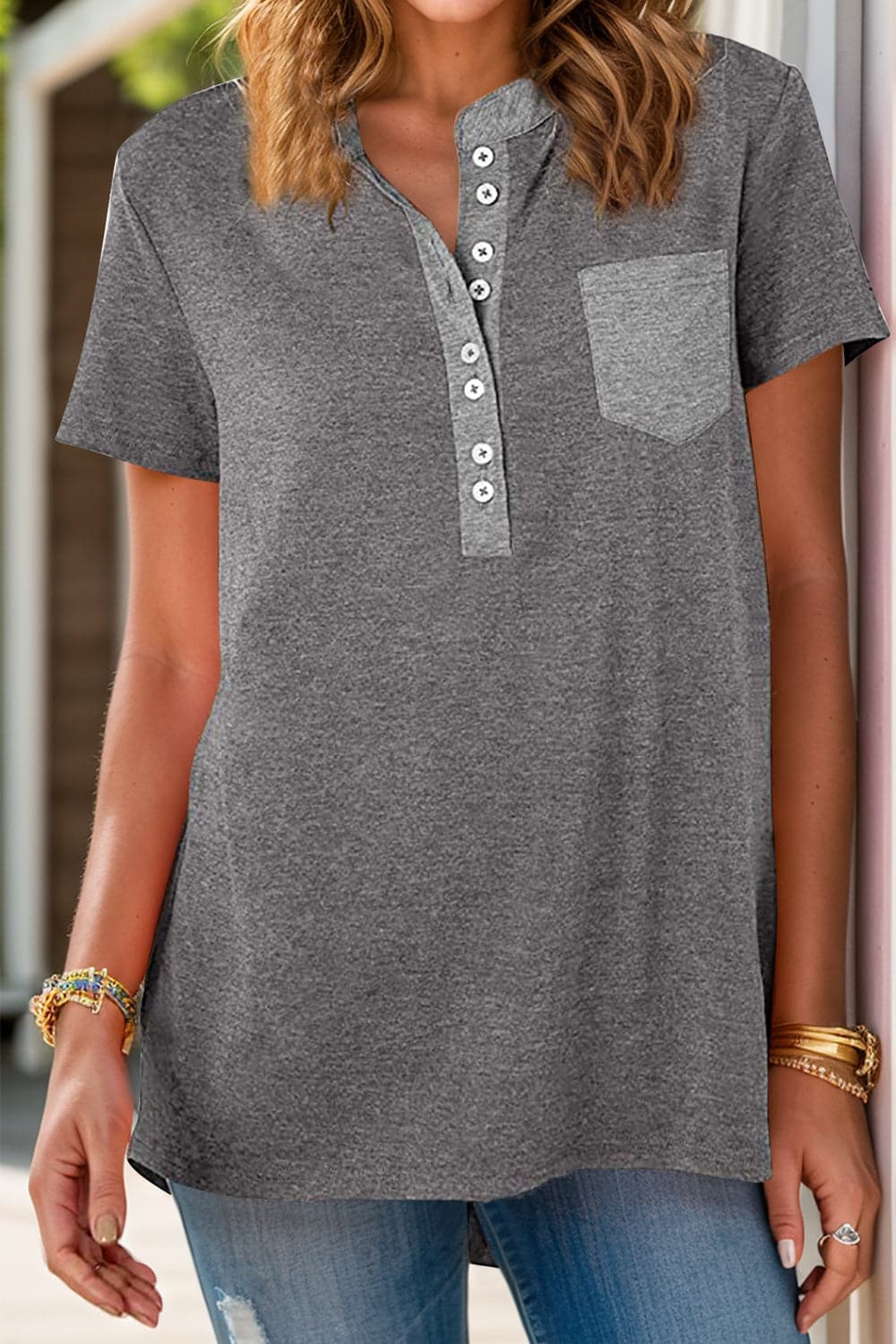 Full Size Half Button Short Sleeve T-Shirt.