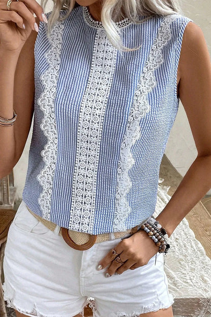 Stripe Lace Patchwork Crew Neck Sleeveless Top