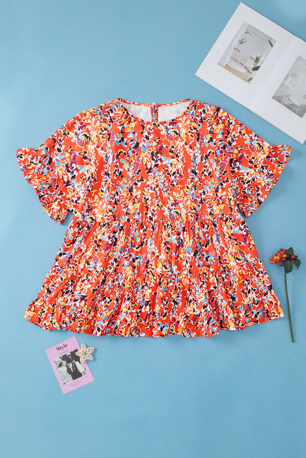 Chic orange floral ruffle sleeve babydoll top for curvy figures