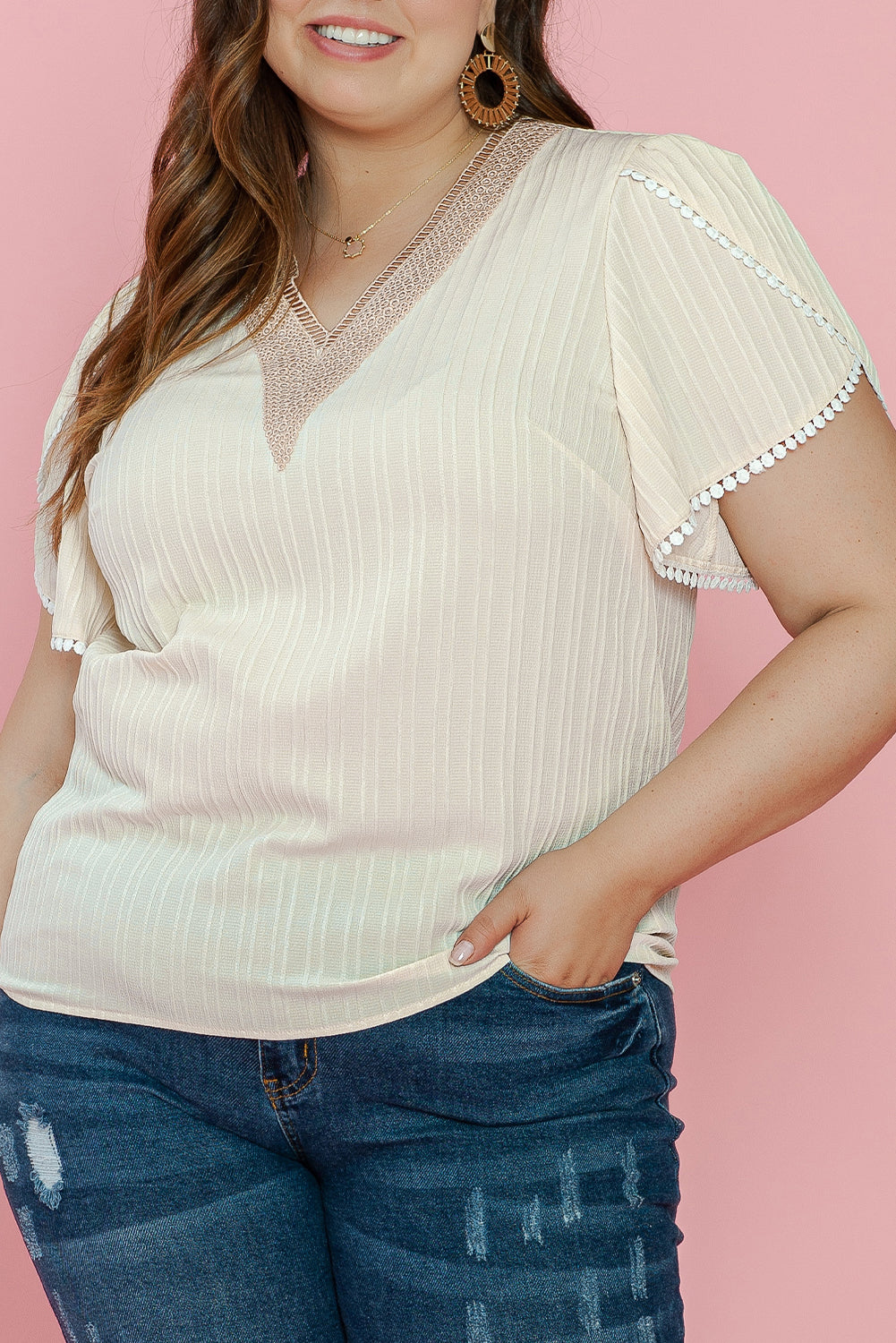 Beige plus size lace petal sleeve blouse with contrast detailing