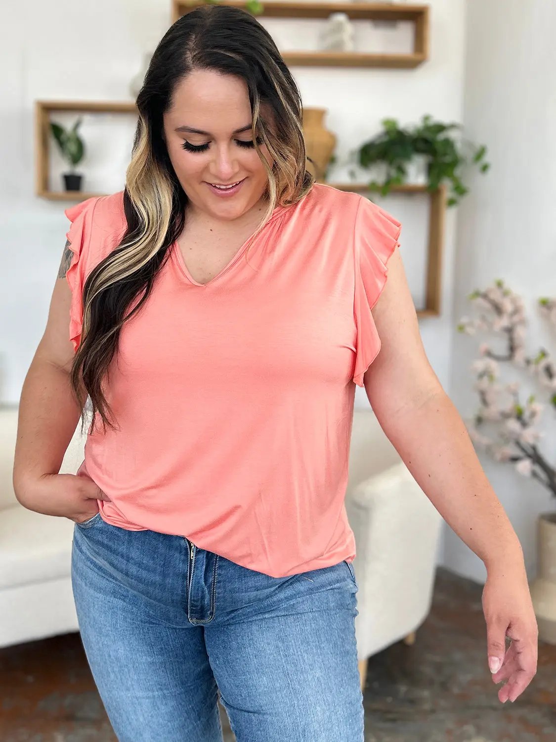 Basic Bae Full Size Bamboo Notched Ruffled Short Sleeve T-Shirt - Love Salve