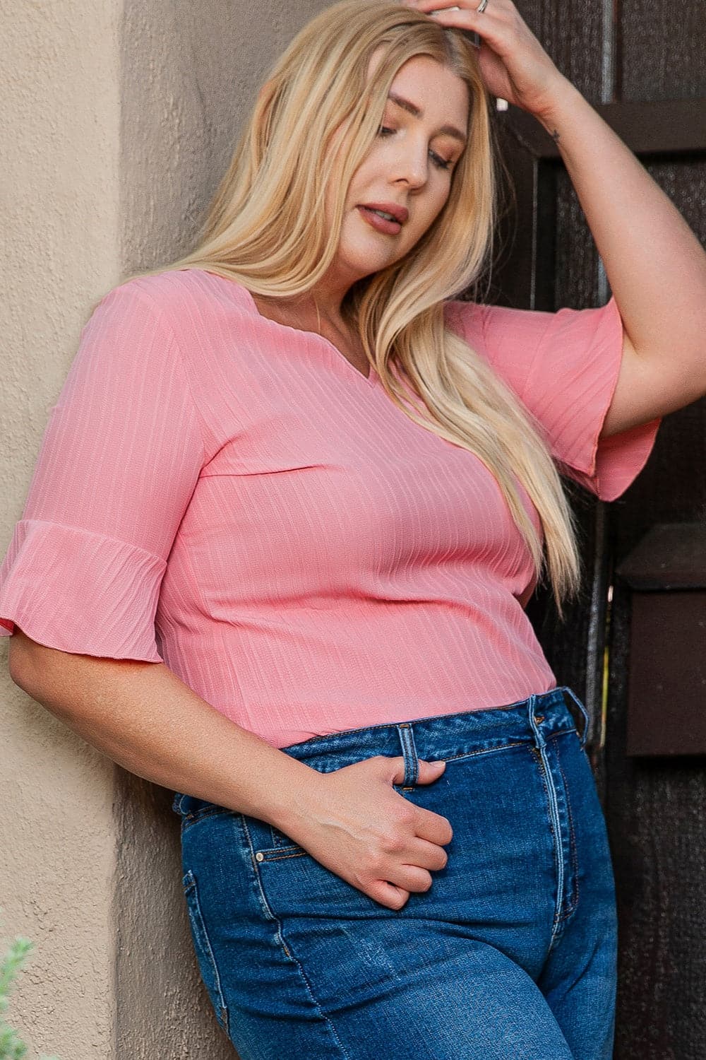 Plus Size V-Neck Half Sleeve Blouse.