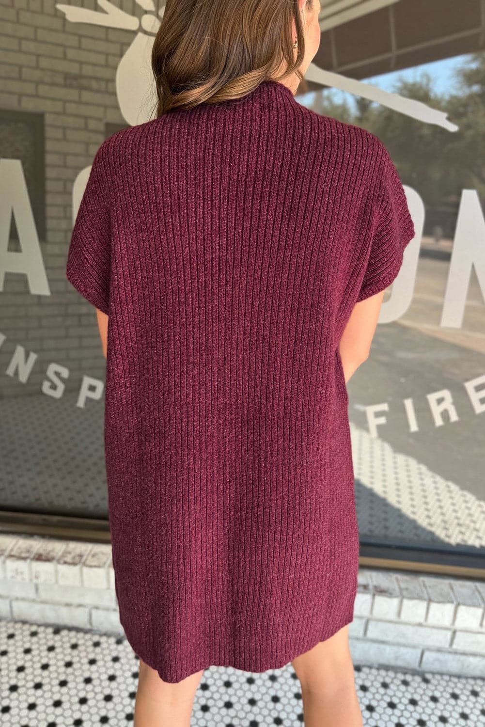 Ribbed Pocketed Mock Neck Short Sleeve Sweater.