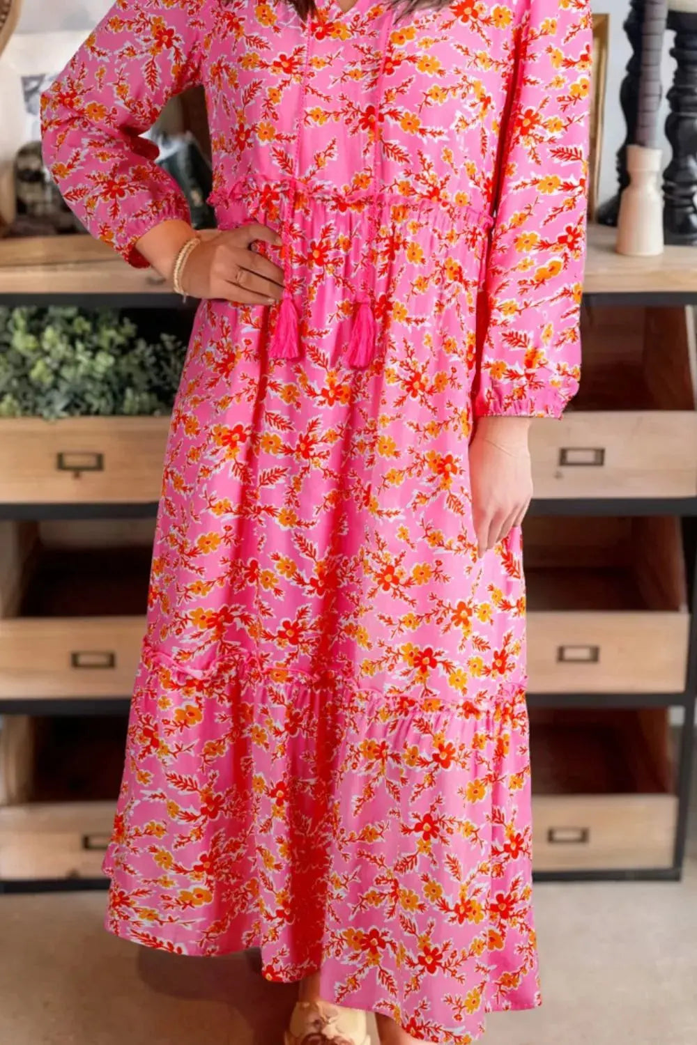 Floral Print Tie Neck Midi Dress Simply Love