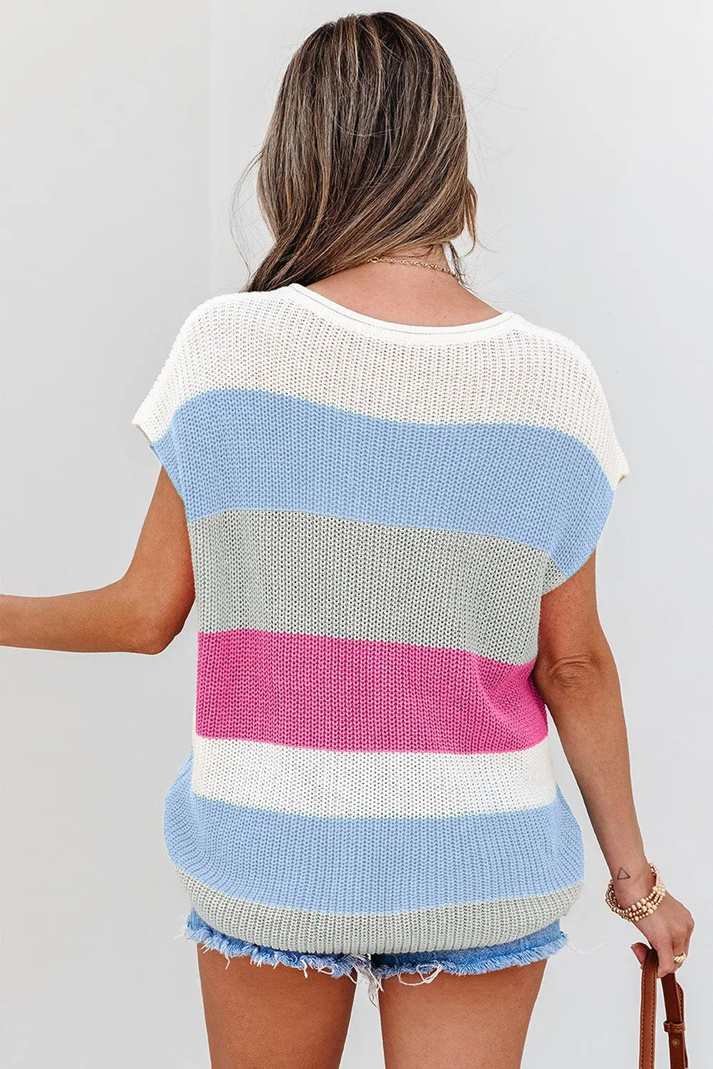 Light Blue Color Block Notch V Neck Sweater T Shirt for Women - Love Salve 