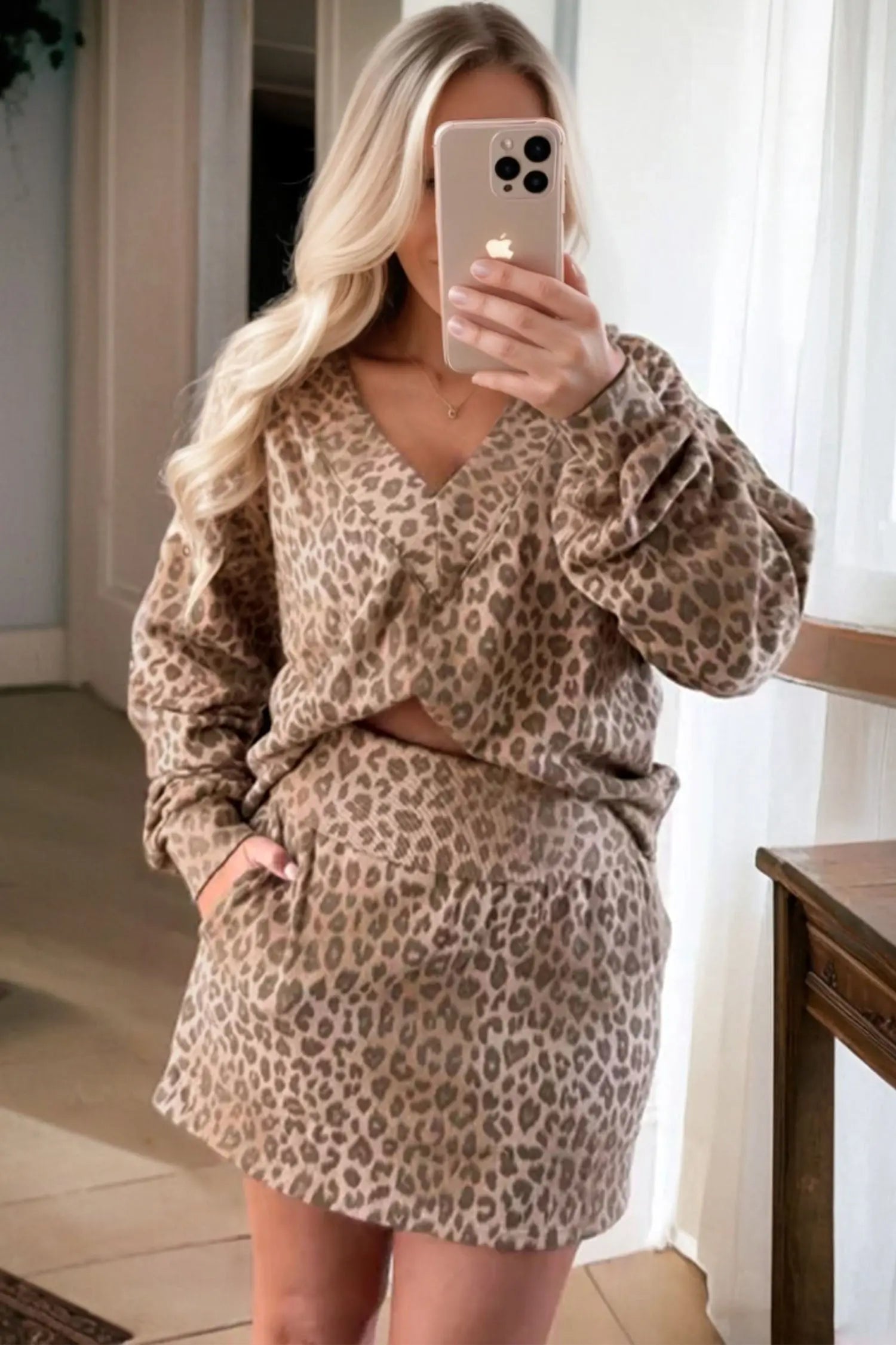 Leopard Print V Neck Pullover Mini Skirt Two Piece Set French Beige Dear-Lover Dropshipping