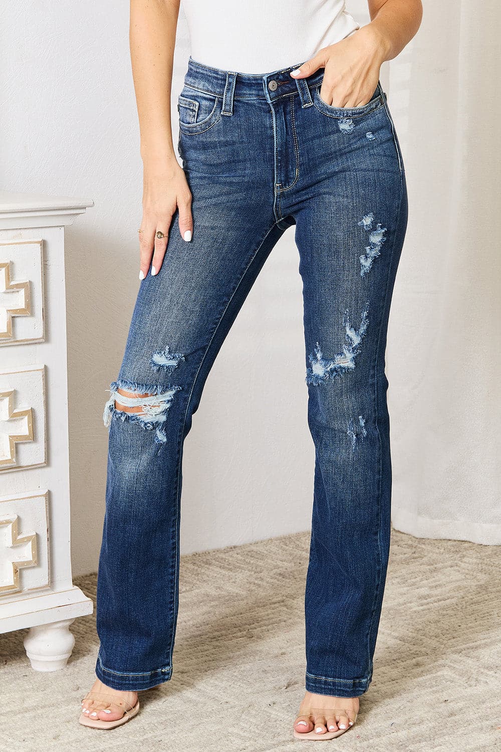 Judy Blue Full Size Mid Rise Hand Sand & Destroy Bootcut Jeans.