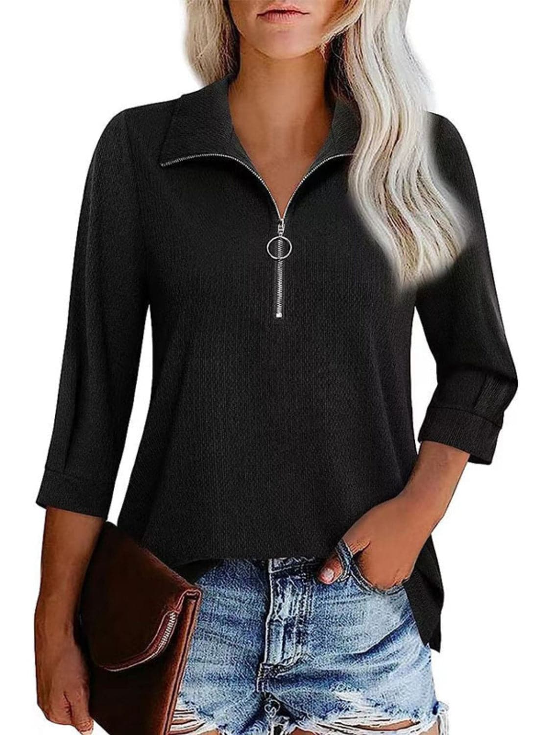 Half Zip Collared Neck Three-Quarter Sleeve T-Shirt.