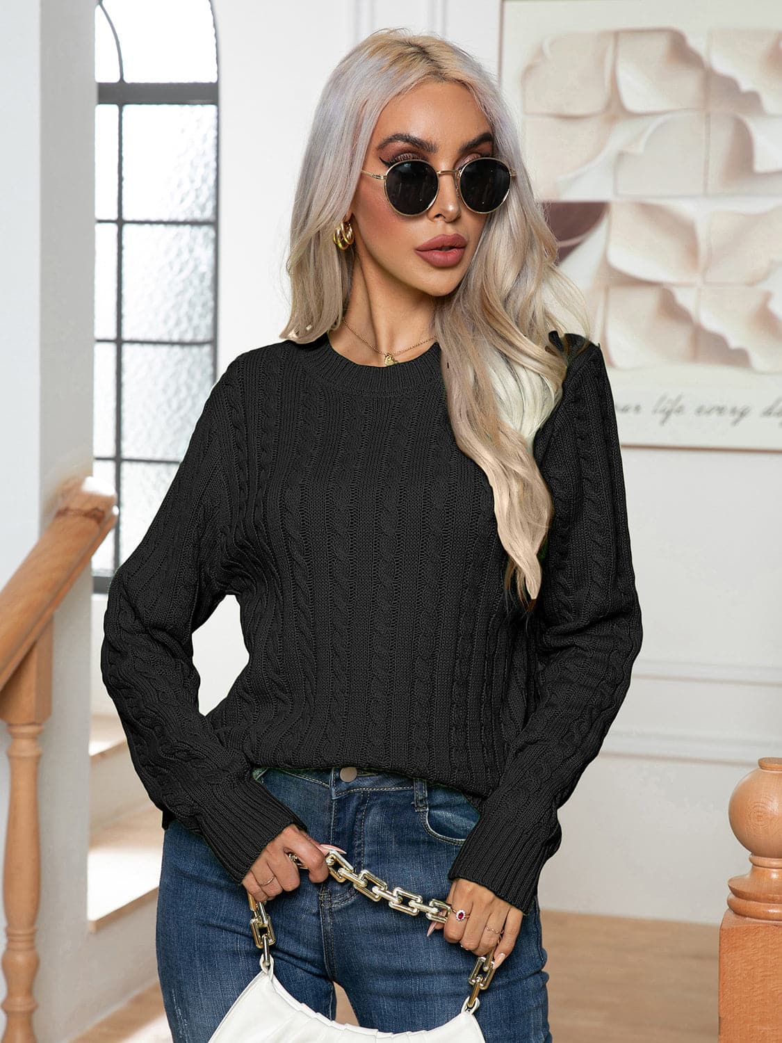 Cable-Knit Round Neck Long Sleeve Sweater.