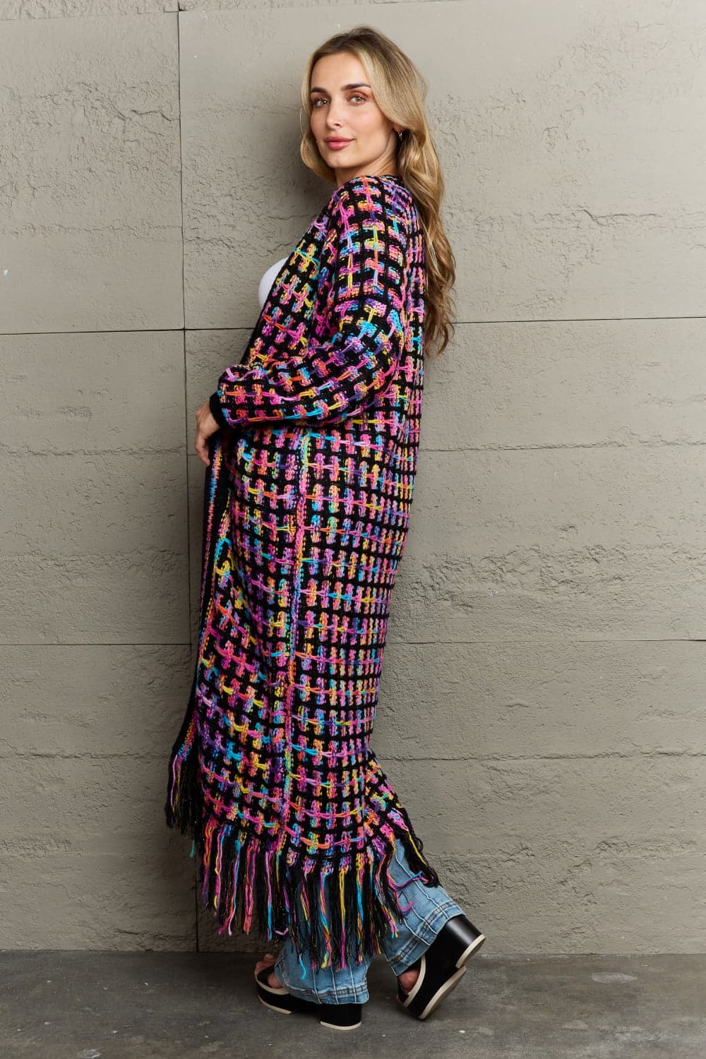 Multicolored Open Front Fringe Hem Cardigan.