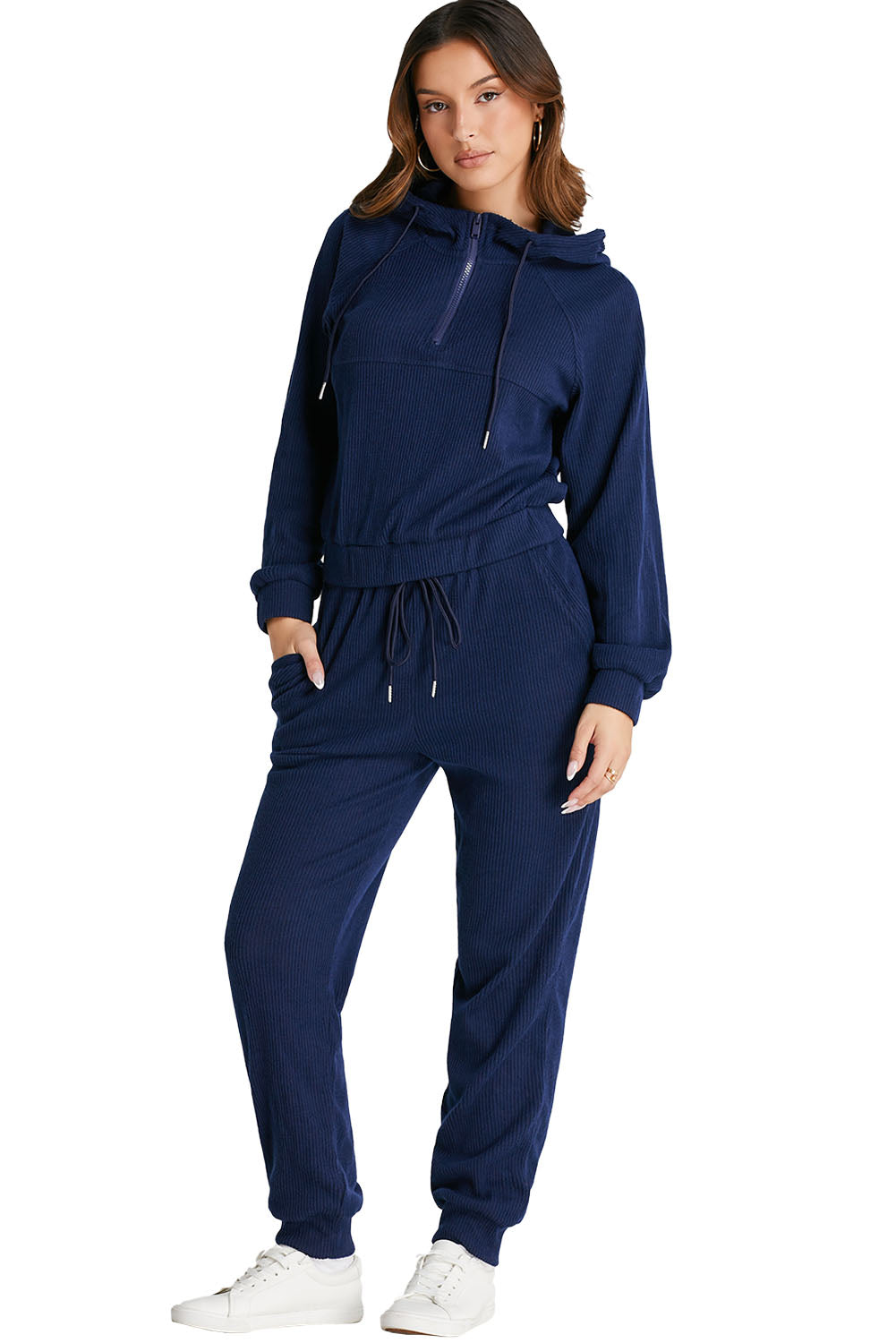 Chic navy blue ribbed knit cropped hoodie and jogger set