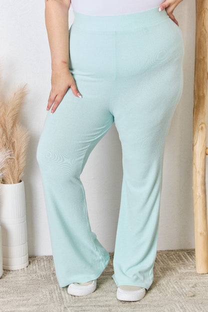 RISEN Full Size High Waist Ultra Soft Knit Flare Pants.