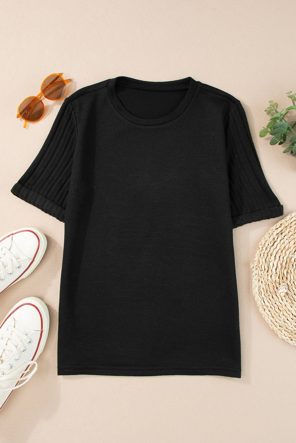 Alma Ribbed Splicing Sleeve Round Neck Top for Women - Love Salve 