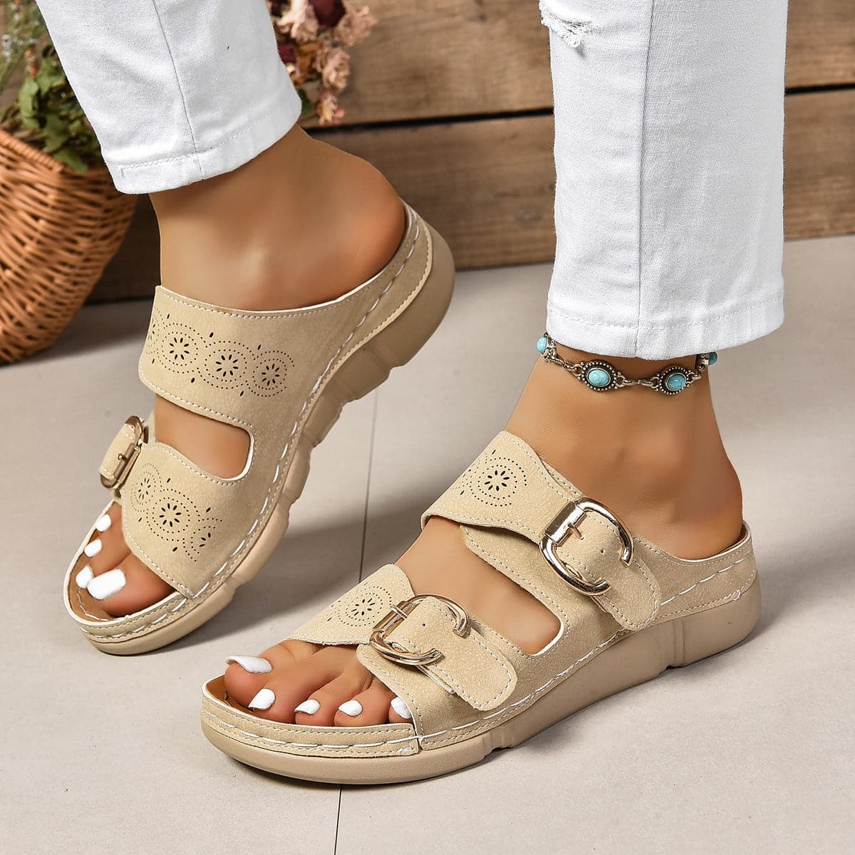 PU Leather Open Toe Buckle Sandals.