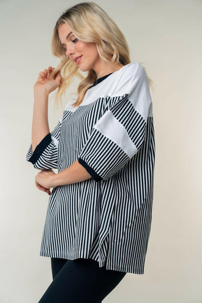 White Birch Full Size Striped Contrast Round Neck Top.