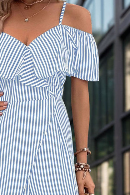 Ruffled Striped Short Sleeve Jumpsuit.