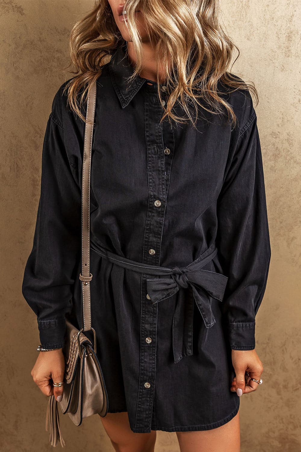 Button Up Collared Neck Denim Dress.