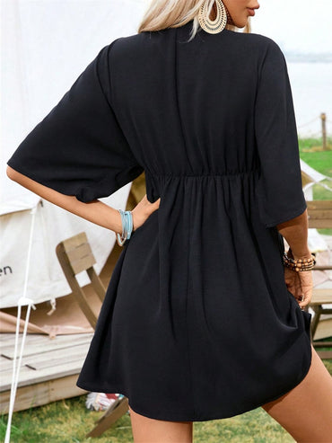 Embroidered Plunge Half Sleeve Mini Dress.