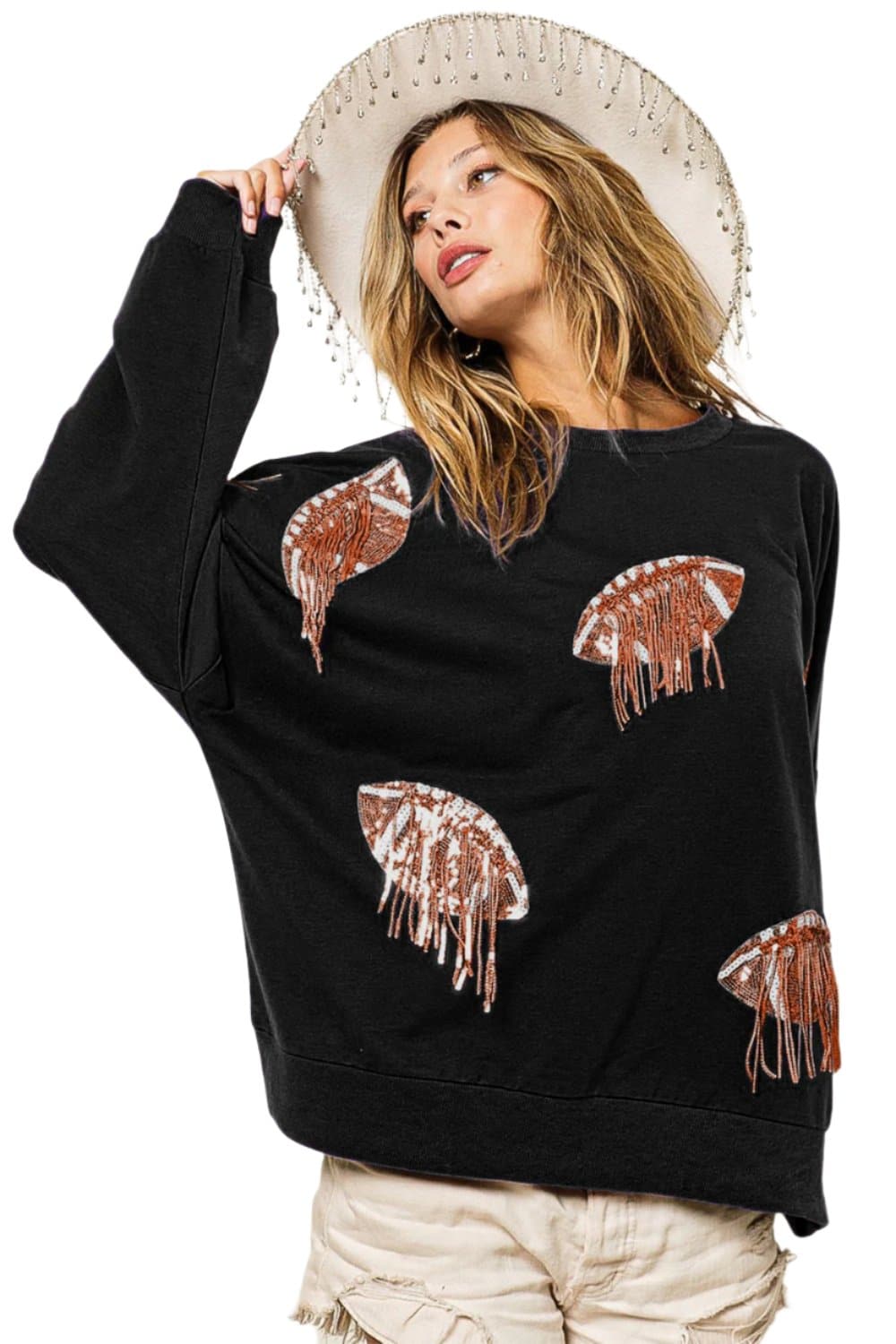 BiBi Sequin Fringe Football Patch Round Neck Sweatshirt.