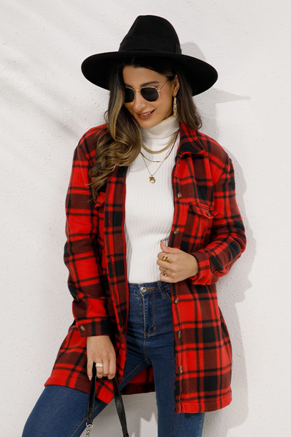 Shiny Plaid Collared Longline Coat Coco’s Tee Boutique