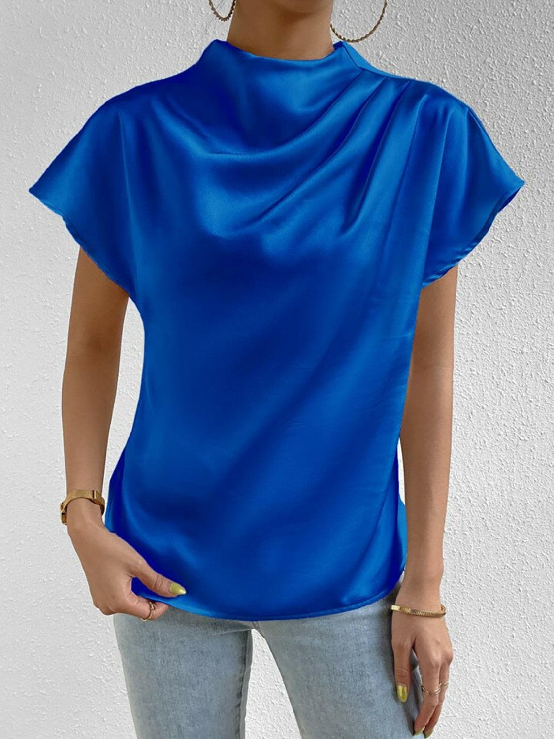 Ruched Mock Neck Short Sleeve Blouse.