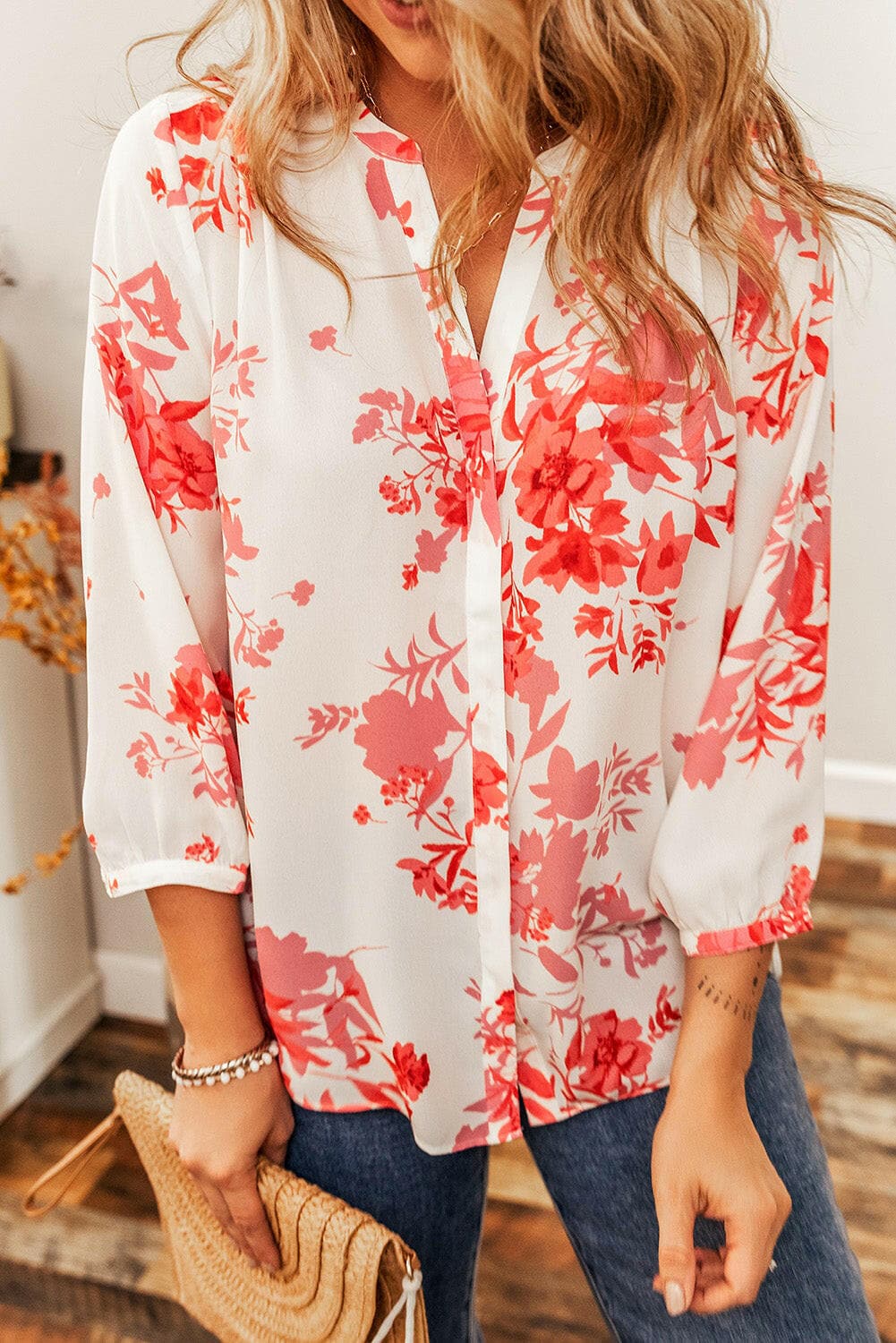 Floral Notched Long Sleeve Blouse.