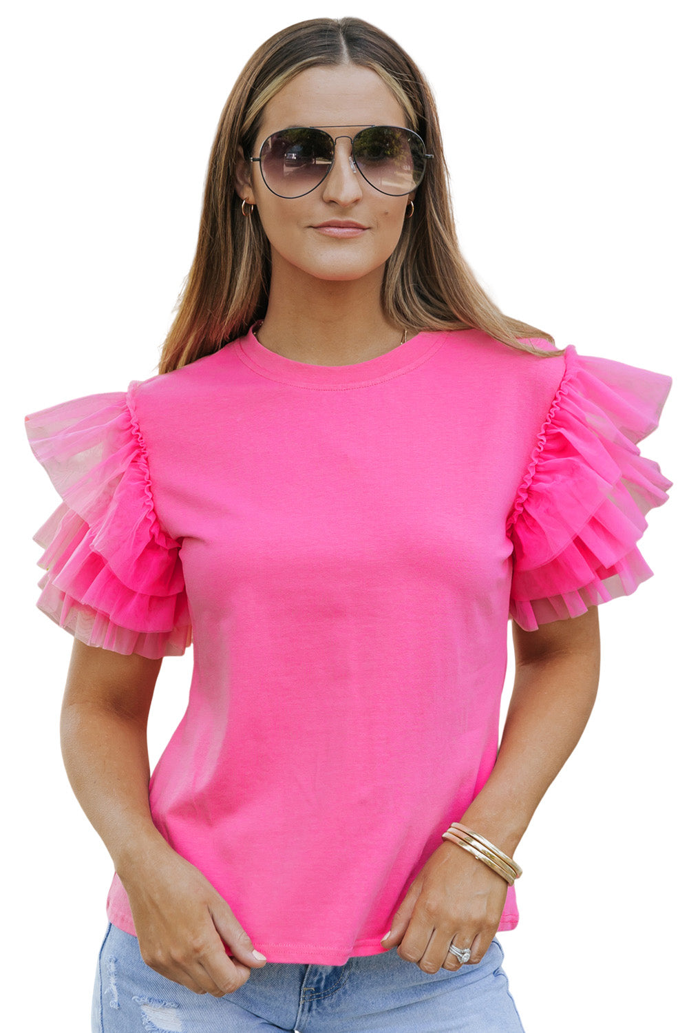 Pink Plain Round Neck Tulle Ruffle Sleeve Blouse Divine Design4U