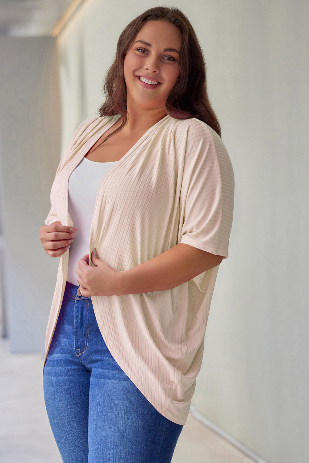 Apricot shimmer ribbed texture cardigan for plus sizes