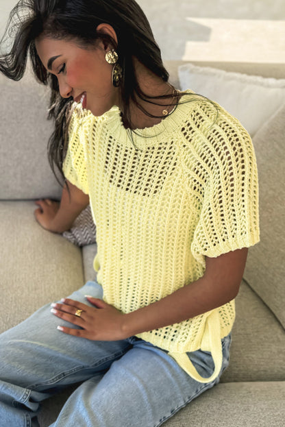 Yellow Cream Hollow-out Crochet Side Tied Short Sleeve Sweater