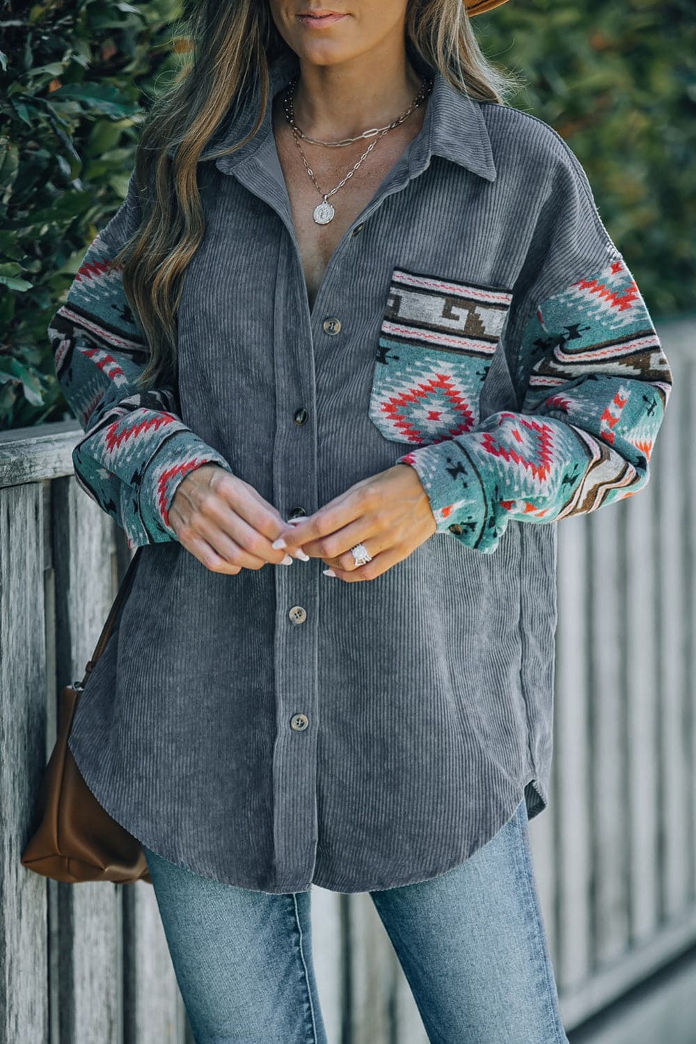 Geometric Button Up Dropped Shoulder Jacket.