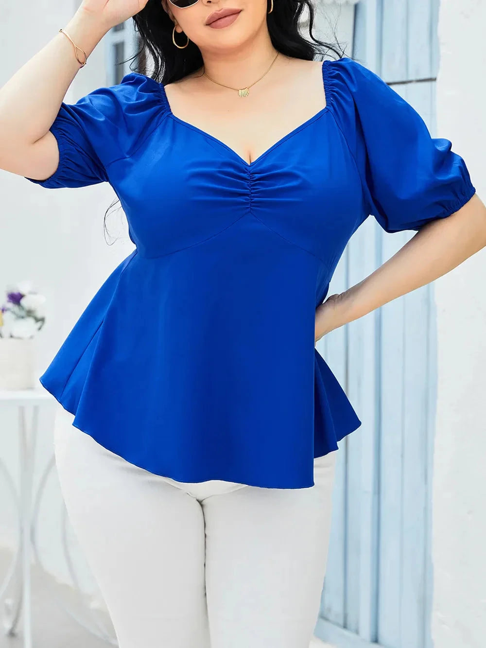 Plus Size Tied Sweetheart Neck Balloon Sleeve Blouse Coco’s Tee Boutique