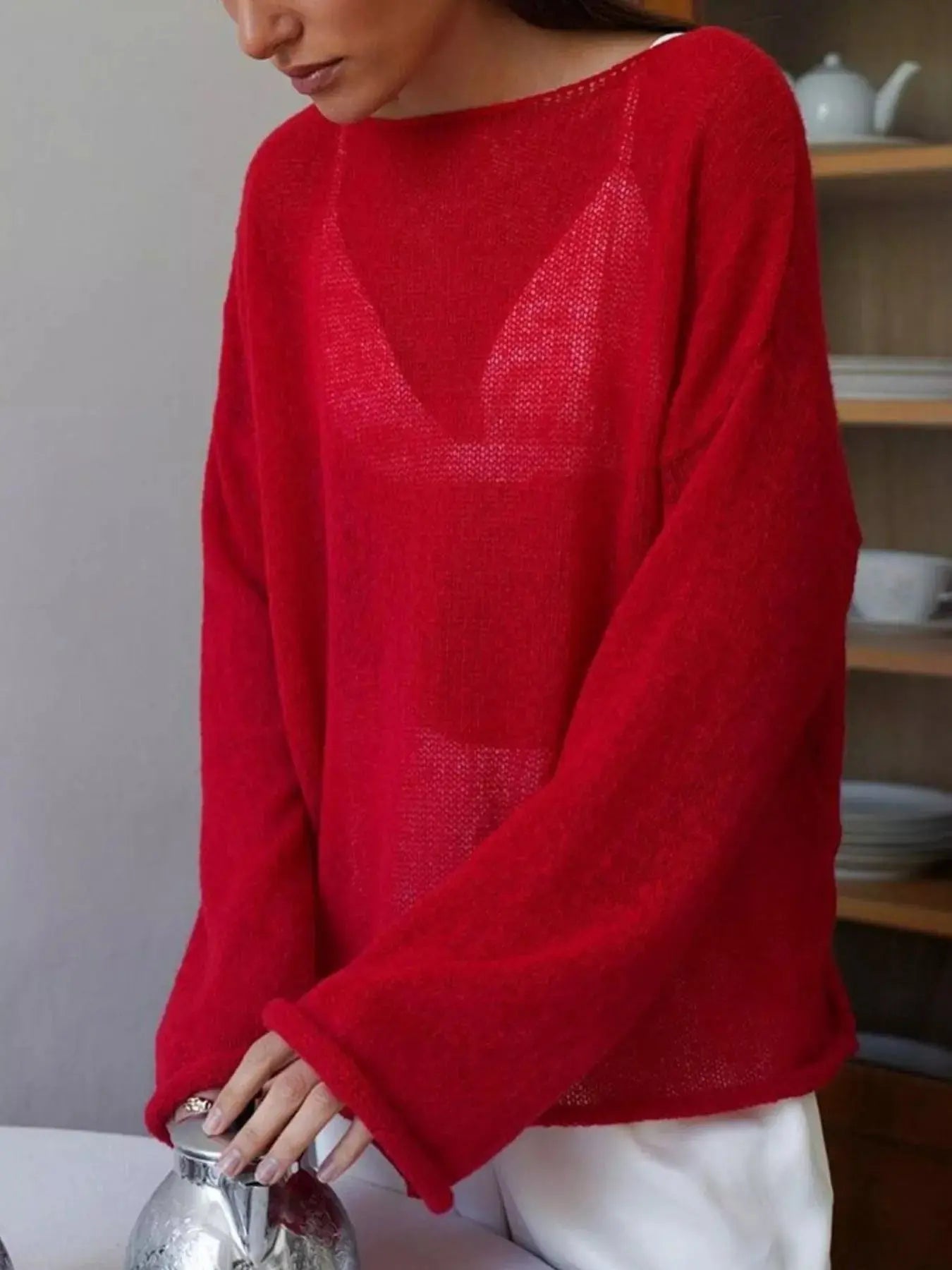 Boat Neck Dropped Shoulder Sweater Simply Love