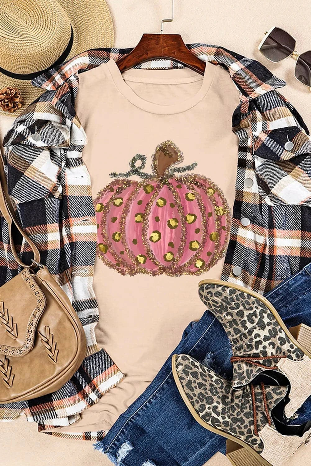 Pumpkin Round Neck Short Sleeve T-Shirt.