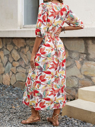 Printed V-Neck Half Sleeve Midi Dress.