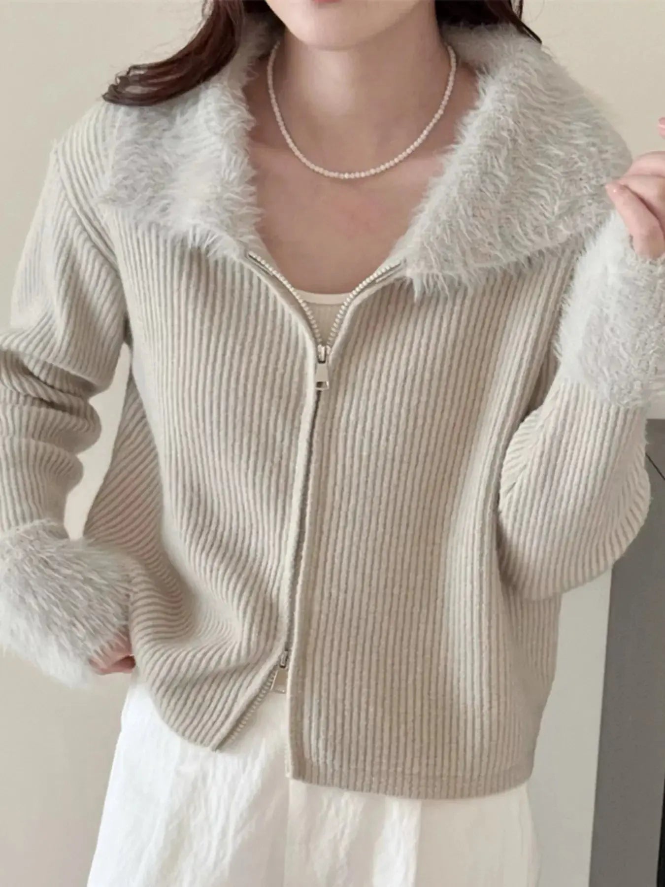 Fluffy Trim Zip-Up Cardigan Simply Love