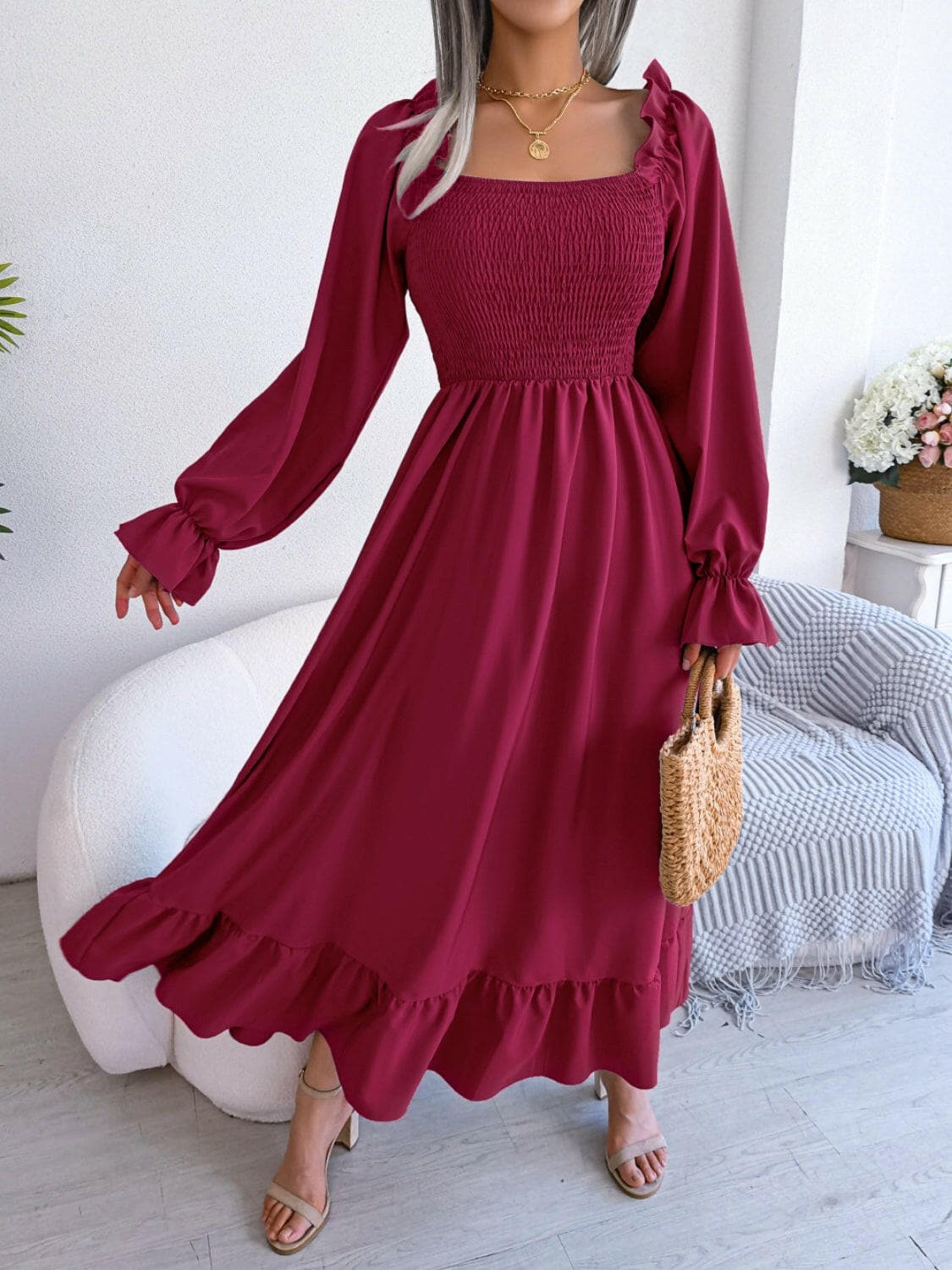 Smocked Square Neck Flounce Sleeve Dress.