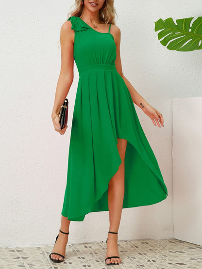 Bow Asymmetrical Neck Sleeveless Dress.